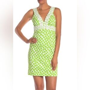 Trina Turk LA Green Lace Geo Print Sheath Retro  Dress Y2K Size 8 EUC